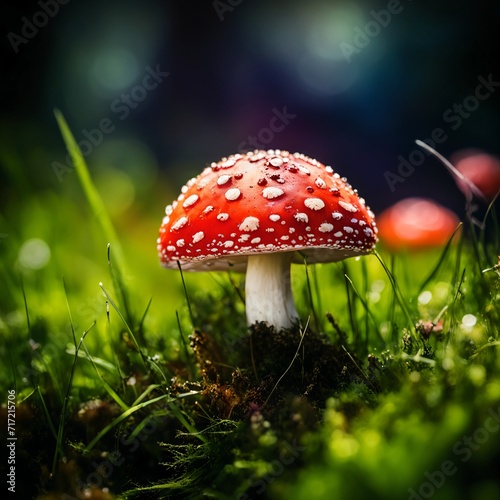Close-up view of red white spotted mushroom in green grass. Amanita muscaria species. Dewdrops on cap surface. Blurred background with bokeh effect. Sunlight creates shadows adding depth
