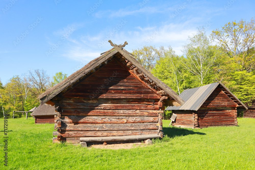 Traditional wooden Ukrainian houses from Polissya Region in Pirogovo, Ukraine Traditional wooden Ukrainian houses from Polissya Region in Pirogovo, Ukraine