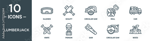 lumberjack outline icon set includes thin line glasses, sculpt, circular saw, roll, car, knife, person icons for report, presentation, diagram, web design