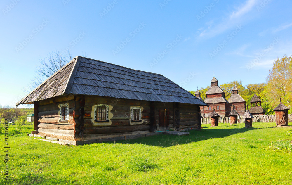 Traditional Ukrainian wooden house from Polissya Region in Pirogovo, Ukraine