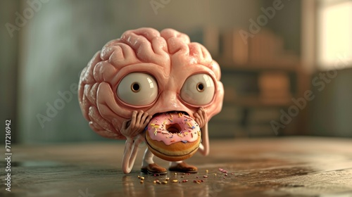 human brain looking tired and sleepy, eating a donut generative ai photo