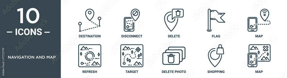 navigation and map outline icon set includes thin line destination ...