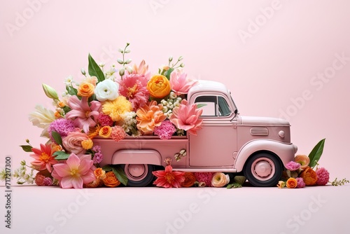 Pink retro truck car with trunk full of beautiful colorful  spring flowers. Moving to the right. Light pink  background. Romantic flower delivery for Valentine day February 14