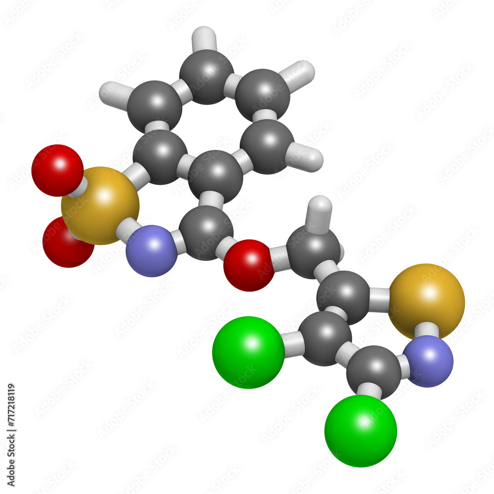 Dichlobentiazox fungicide molecule. 3D rendering. Dichlobentiazox fungicide molecule. 3D rendering.