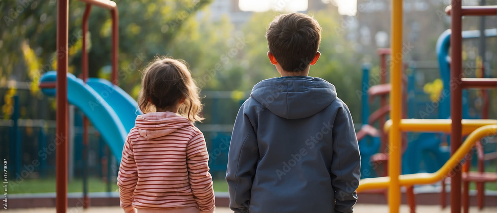 Obraz premium back view a boy and girl stand in the playground