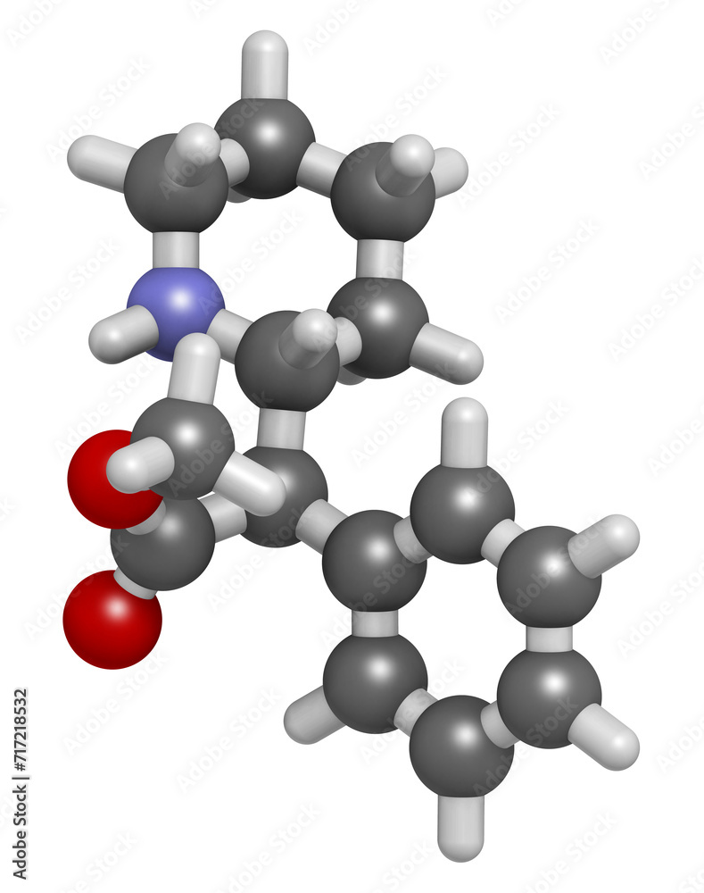 Dexmethylphenidate drug molecule. 3D rendering. Dexmethylphenidate drug molecule. 3D rendering.