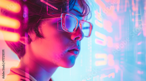 Boy side view futuristic portrait using eyeglasses with fluorescent technological lights as background