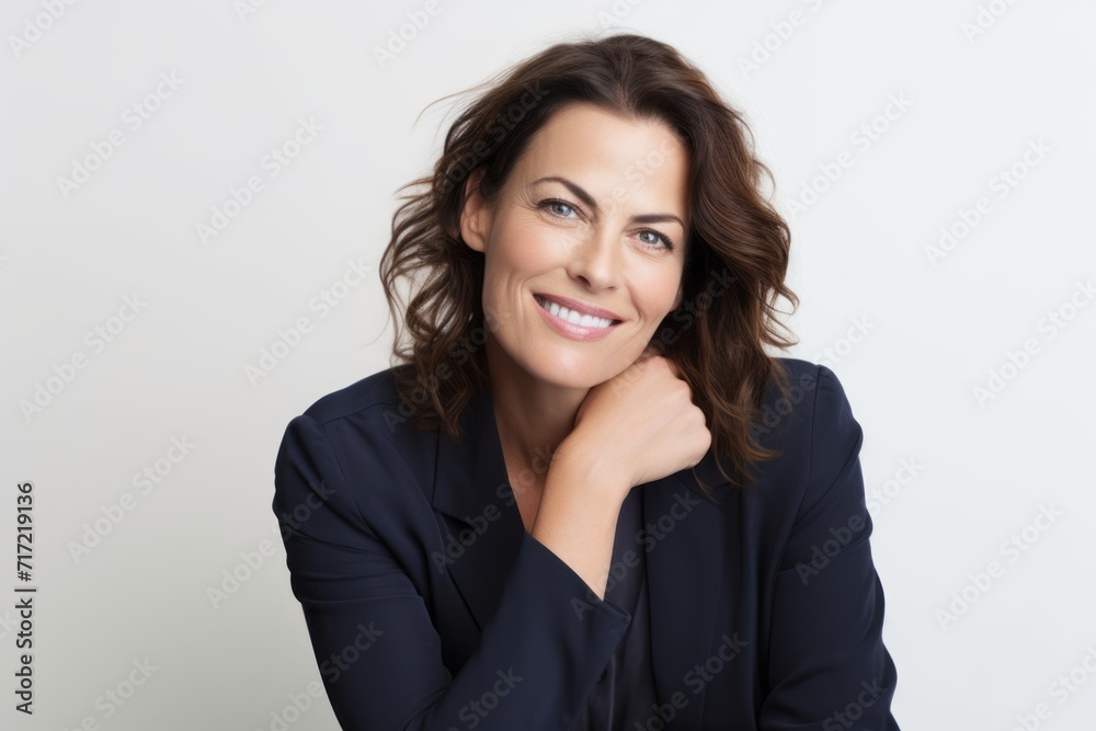 Portrait of happy smiling business woman in black suit, over grey background Portrait of happy smiling business woman in black suit, over grey background