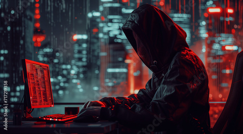 Masked hooded figure hacking on a computer in glowing red office