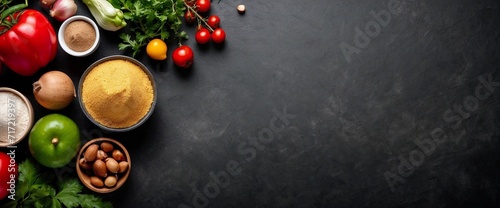 Top view of food ingredients on blank black background, copy space, can be used for food advertising