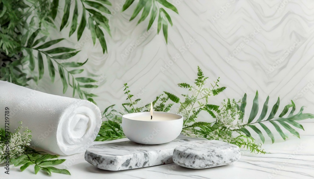 White marble podium showing a pedestal leaf. white marble cylinder Circular pedestal with green leaves for new products. The focus is on body care, beauty treatment, and wellness, SPA and beauty salon