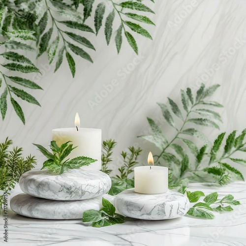 White marble podium showing a pedestal leaf. white marble cylinder Circular pedestal with green leaves for new products. The focus is on body care, beauty treatment, and wellness, SPA and beauty salon