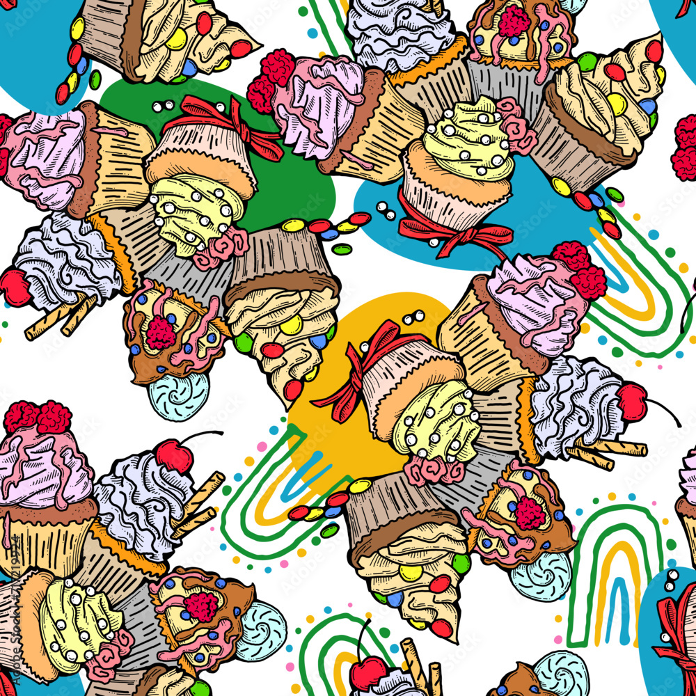 Tasty sweet cupcake dessert decorative seamless vector pattern for textile design, fabric print, digital or wrapping, wall paper, background and backdrop, bakery shop decoration, cafe, restaurant menu