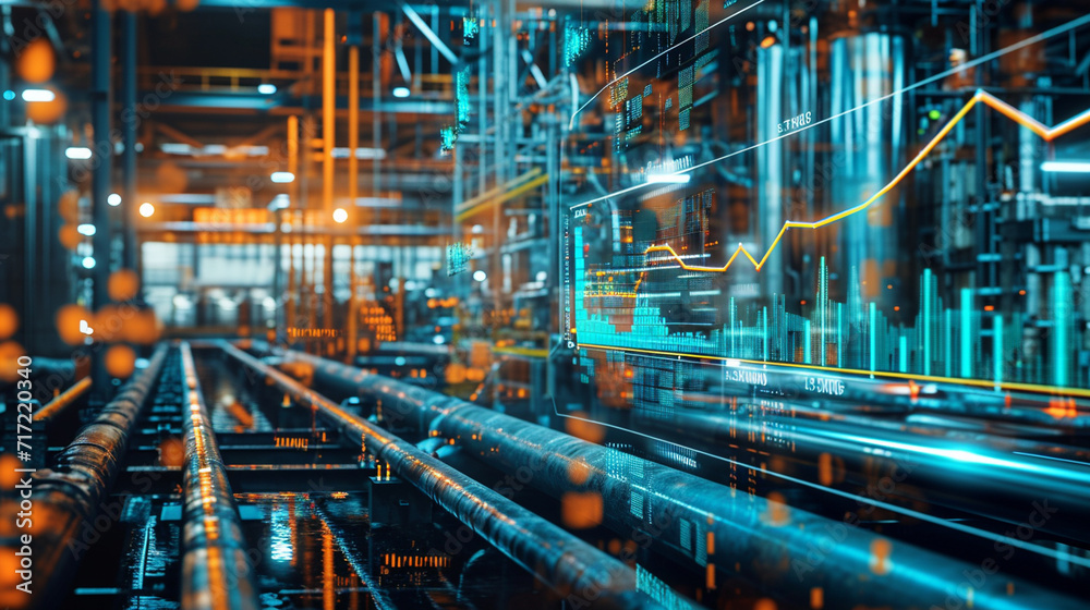 A real-time holographic chart of a factory's output vs. resource consumption, factory, dynamic and dramatic compositions, with copy space