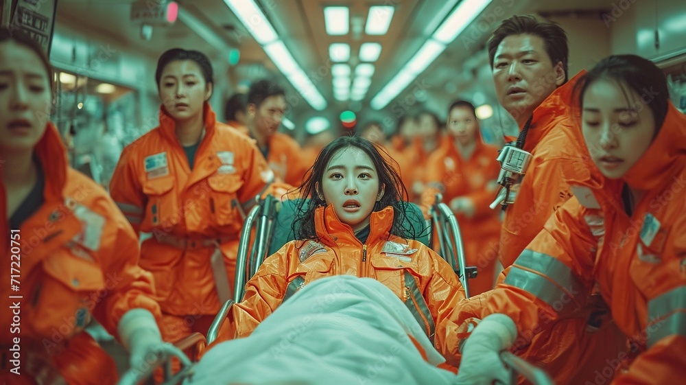 Team of Korean doctors rushing a patient in a gurney at the hospital - emergency medicine concepts, generative ai