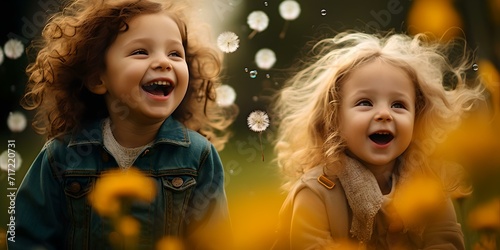 Two joyful children laughing outdoors in autumn. capturing vibrant childhood emotions. AI