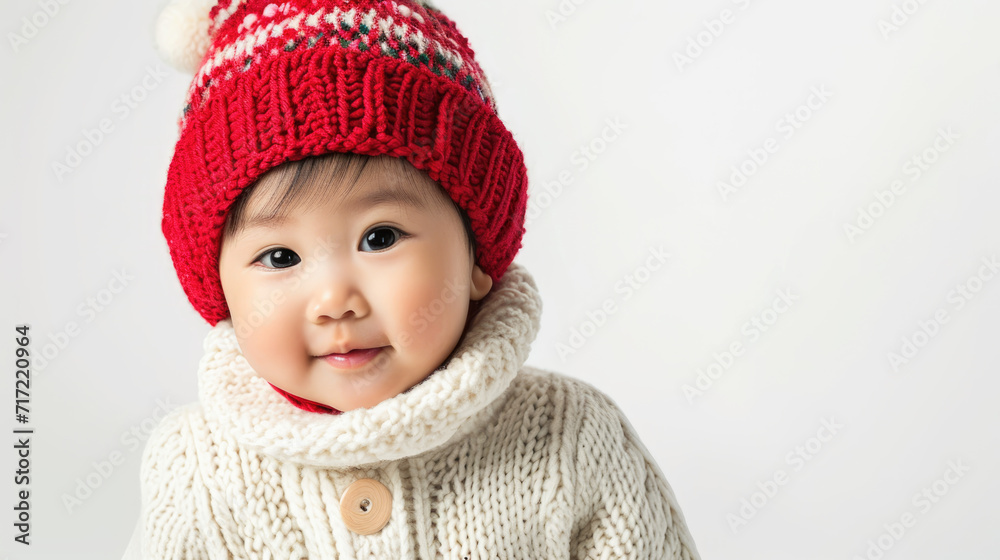 Portrait of an asian baby with a christmas hat on white studio background Portrait of an asian baby with a christmas hat on white studio background