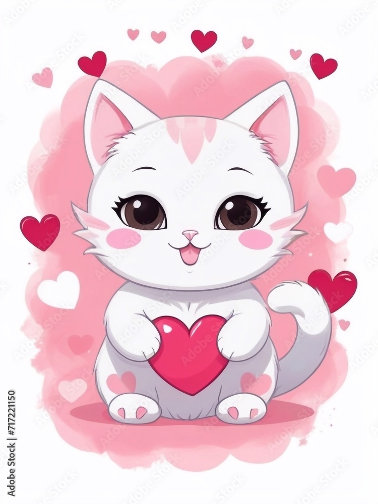 Cute Happy Valentines Day holiday art, greeting card design with a kawaii cartoon cat in love with heart, hearts backgroung. Cute valentine cat in love with valentines hearts design Cute Happy Valentines Day holiday art, greeting card design with a kawaii cartoon cat in love with heart, hearts backgroung. Cute valentine cat in love with valentines hearts design