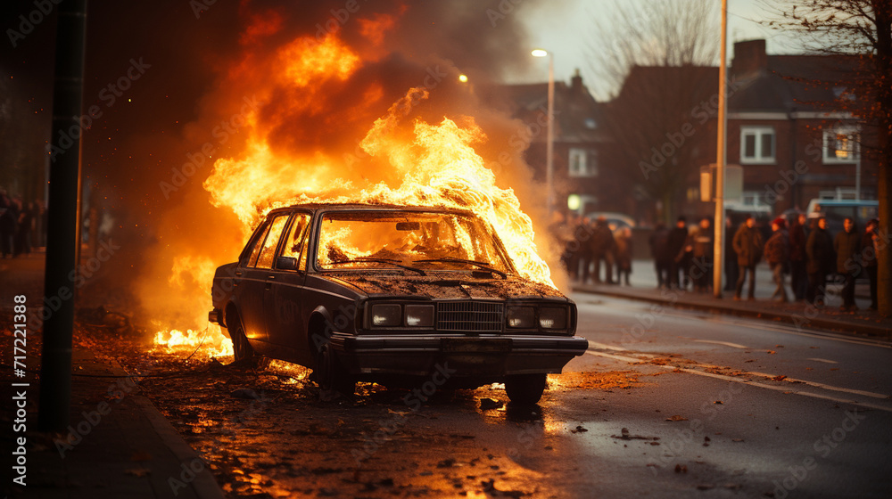 Obraz premium Crash, burning car on the road