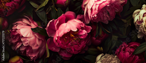 Antique wallpaper of colorful peonies. Rococo style and chiaroscuro lighting. Versailles style. Vibrant resource background.
