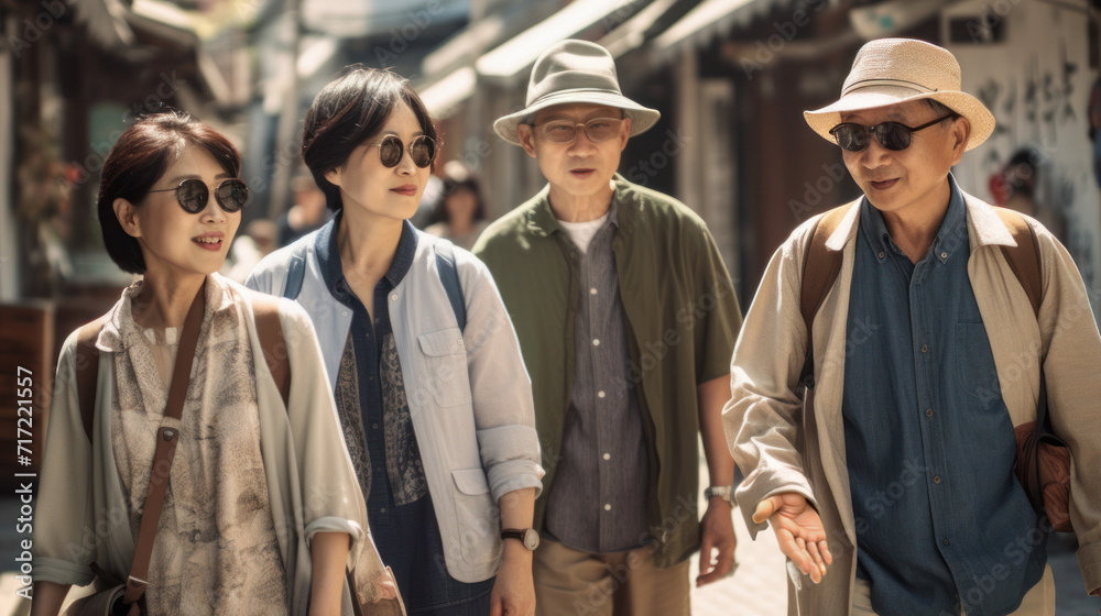 group of retired senior friends sharing vacations together while walking through the streets of the tourist center