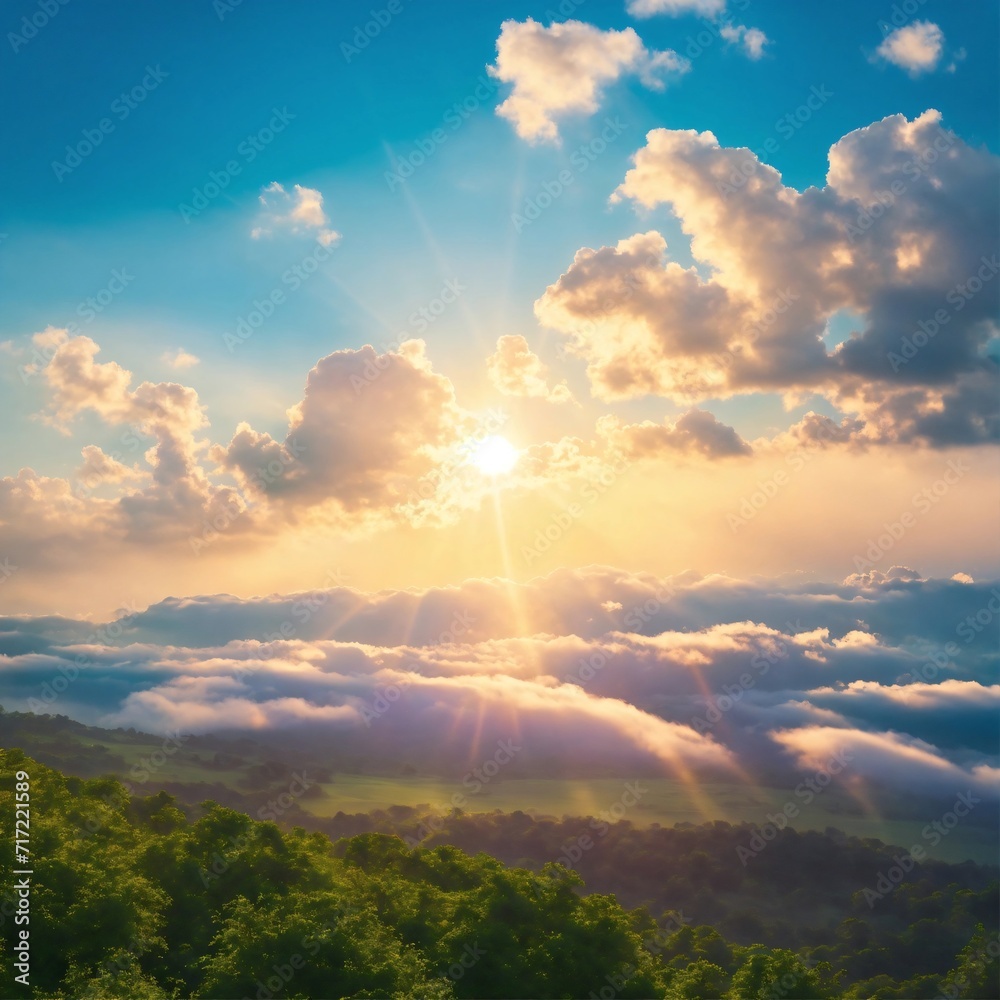 Sunshine clouds sky during morning background. blue,white pastel heaven,soft focus lens flare sunlight. abstract blurred cyan gradient of peaceful nature. open view out windows beautiful summer spring