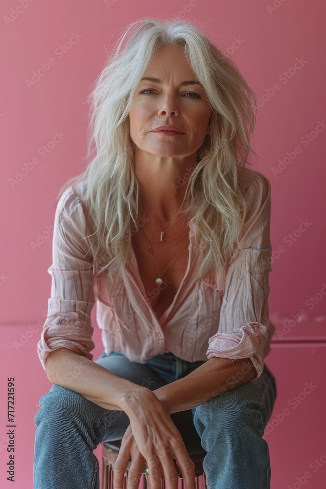 A blond fit woman, 70 years old, sits on a high stool, facing the camera, with one leg crossed and the other naturally drooping. She is wearing jeans with a pure pink gradient background, barefoot. A blond fit woman, 70 years old, sits on a high stool, facing the camera, with one leg crossed and the other naturally drooping. She is wearing jeans with a pure pink gradient background, barefoot.