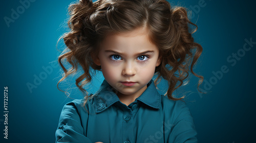Portrait of an angry, sad little girl on a blue background