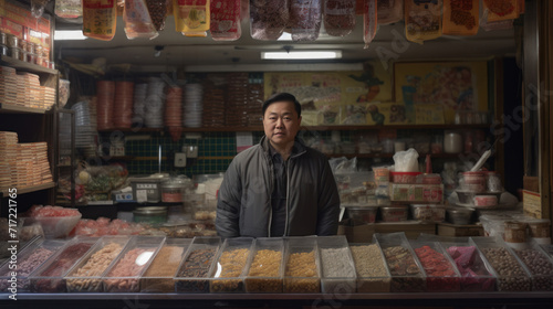 Front portrait of Asian man in his small business candy store photo