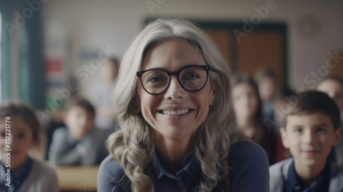Nice senior teacher with gray hair and glasses looking at the camera with her students in the background out of focus in class