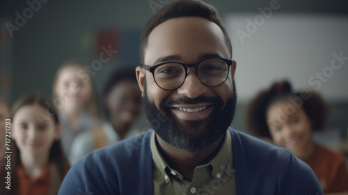 portrait of professor with glasses looking at camera smiling with his university class in the background photo