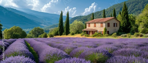 Vászonkép Picturesque lavender fields with rustic house, relaxing nature scene captured on summer day