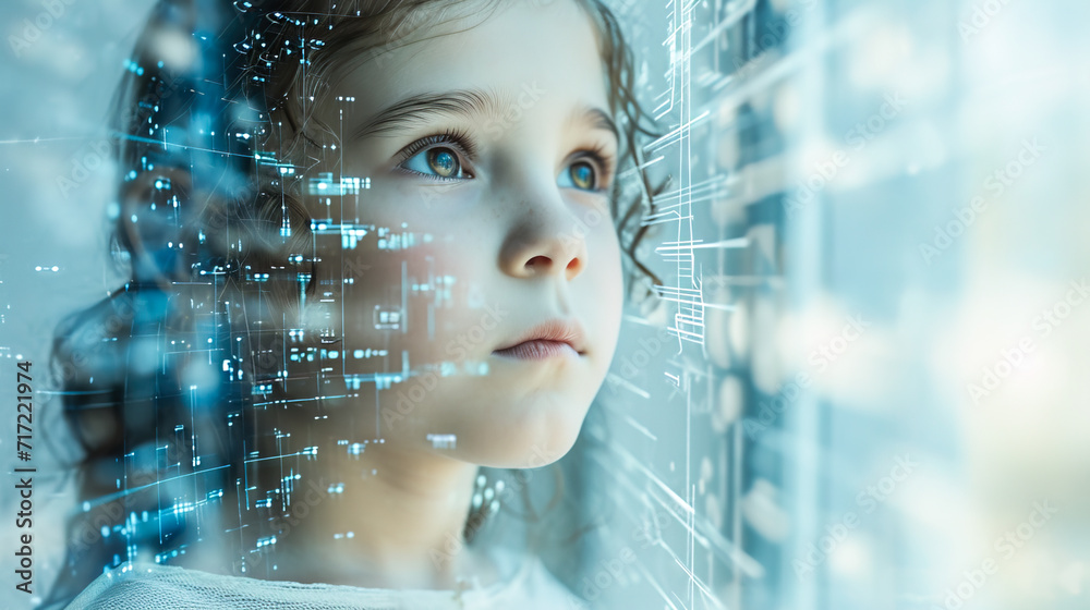 Side view futuristic portrait of little Caucasian girl looking at ...