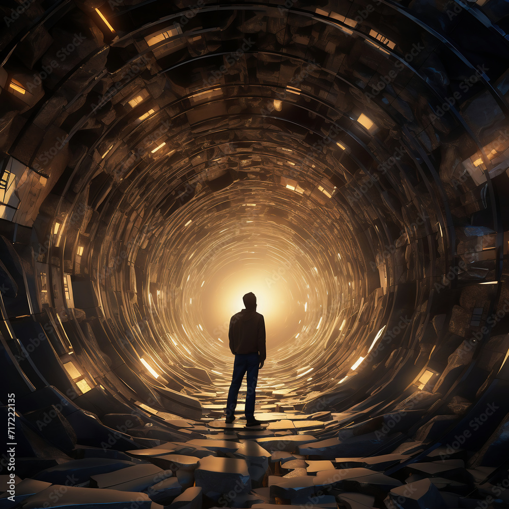 Businessman looking at futuristic tunnel. Futuristic concept, time concept. 3D Rendering