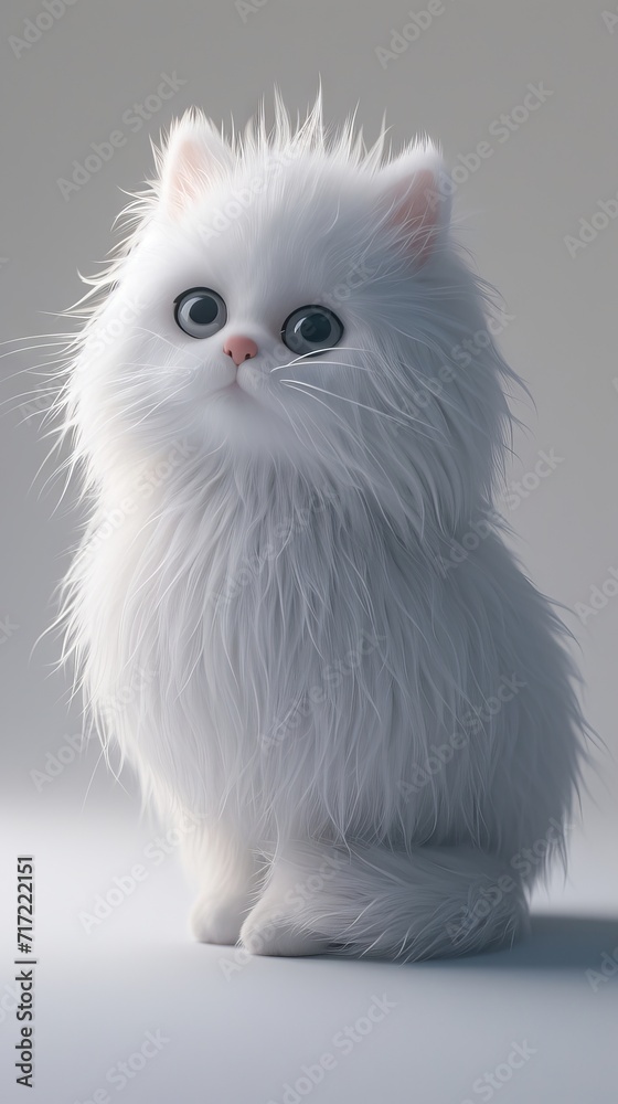A fluffy white cat sitting in front of a white background.