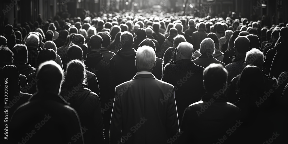 A black and white photo capturing a large crowd of people. This versatile image can be used to depict various concepts and scenarios - obrazy, fototapety, plakaty 