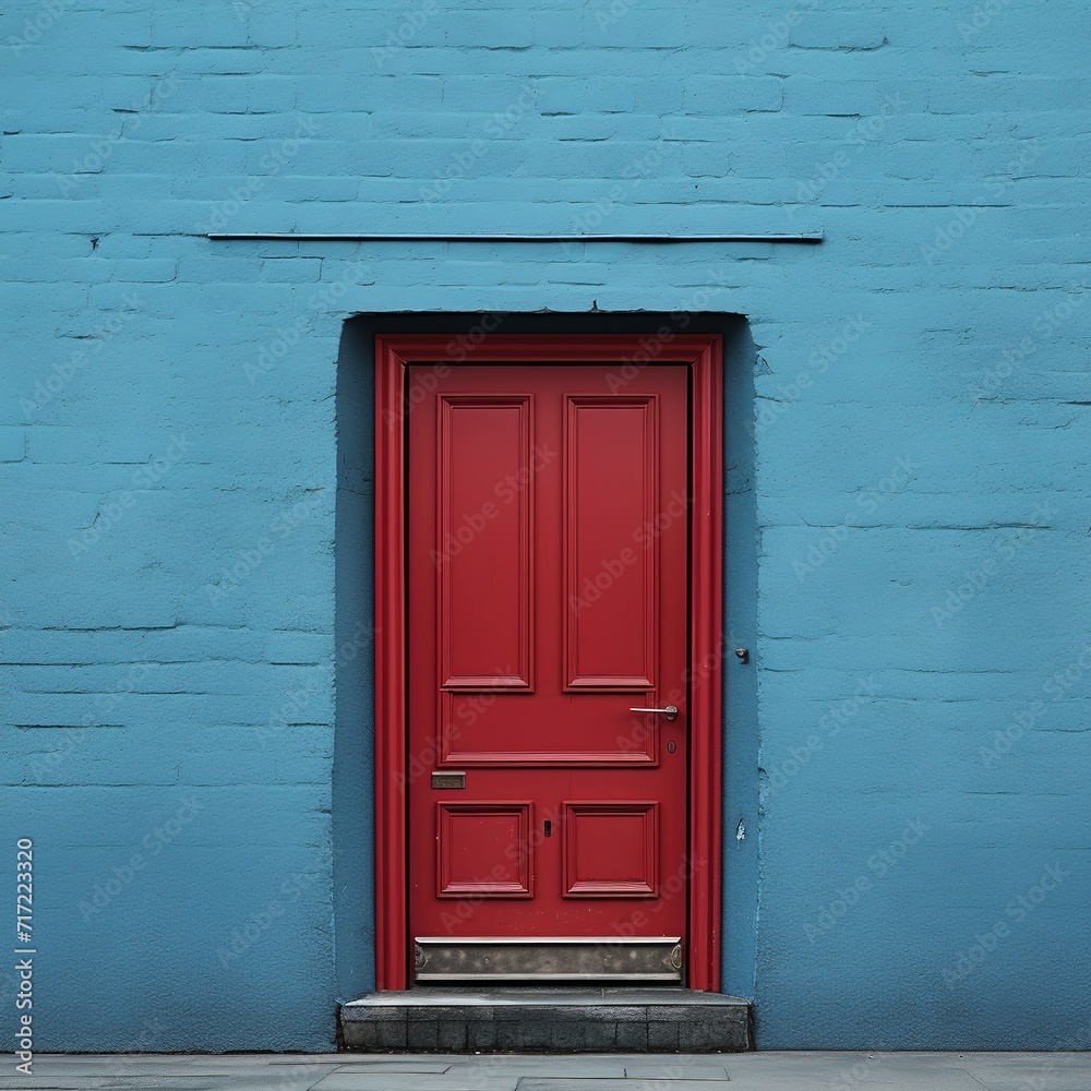 Red door with blue wall in the background, Ai Generated