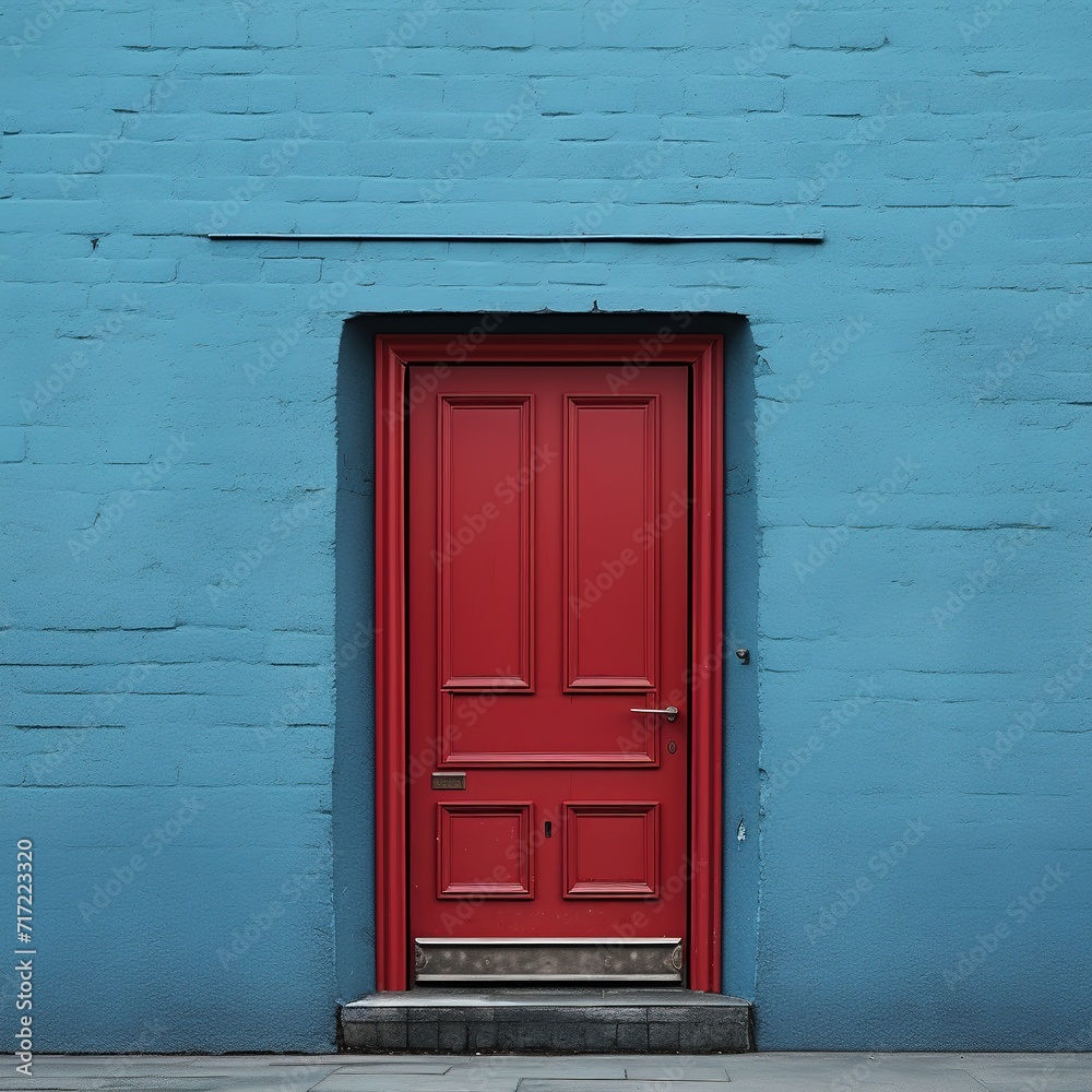 Red door with blue wall in the background, Ai Generated Red door with blue wall in the background, Ai Generated
