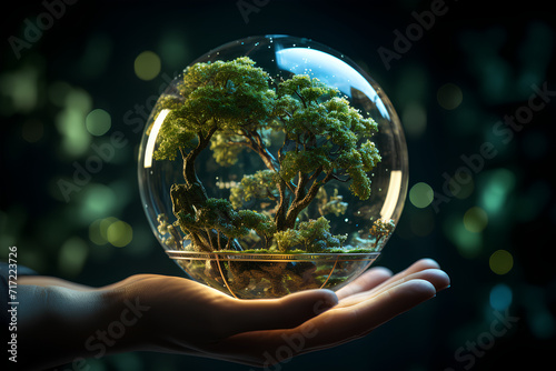 Earth crystal glass globe ball and growing tree in human hand