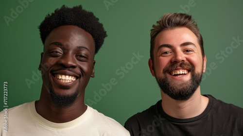 Closeup Portrait of a smiling african american and white guy against a green studio background