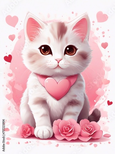 Cute Happy Valentines Day holiday art, greeting card design with a kawaii cartoon cat in love with heart, hearts backgroung. Cute valentine cat in love with valentines hearts design