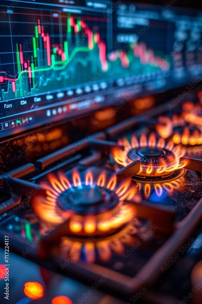 gas stove burners. Natural gas. Cost growth concept with gas burners and stock charts blurred on background, generative ai gas stove burners. Natural gas. Cost growth concept with gas burners and stock charts blurred on background, generative ai