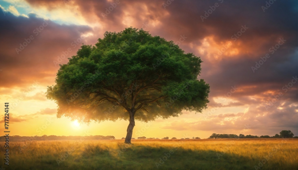 Fototapeta premium Wide angle shot of a single tree growing under a clouded sky during a sunset surrounded by grass
