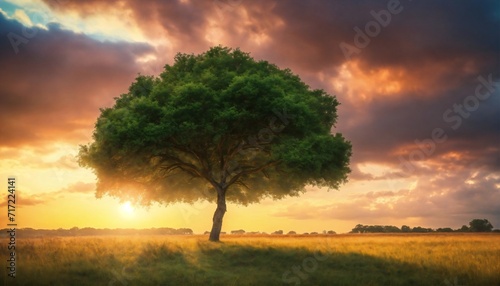 Wide angle shot of a single tree growing under a clouded sky during a sunset surrounded by grass