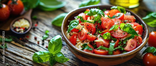 orzo salad with tomatoes and herbs on black table cover, in the style of texture-rich, whistlerian