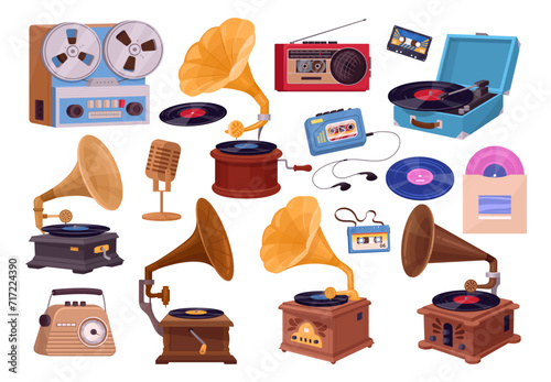 Cartoon retro music players. Vintage audio devices, old school vinyl player, gramophone, radio and vinyl record flat vector illustrations set. Antique music players collection
