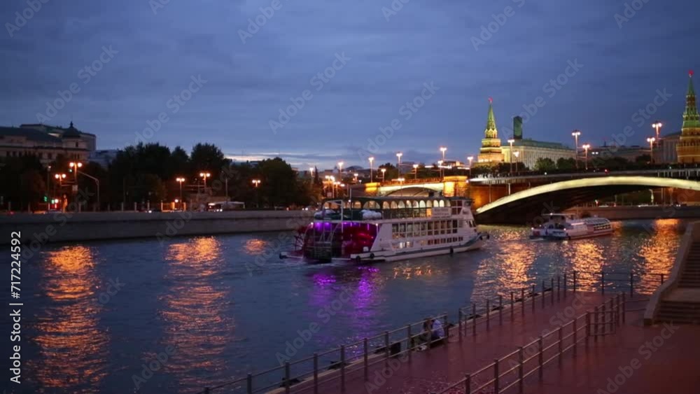 Great Stone Bridge, Kremlin and sailing ships in Moscow night