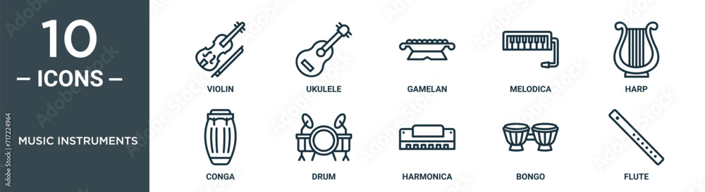music instruments outline icon set includes thin line violin, ukulele ...