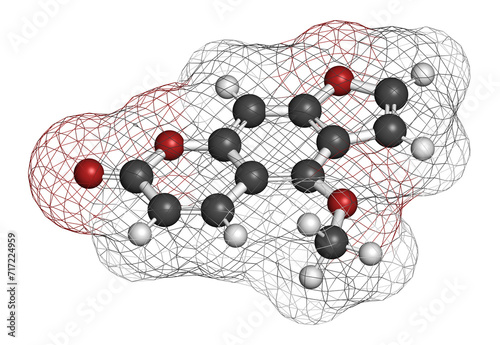 Bergapten or 5-methoxypsoralen molecule. Photosensitizer present in several plants, responsible for causing phytophotodermatitis. 3D rendering. photo
