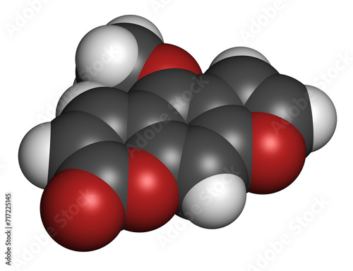 Bergapten or 5-methoxypsoralen molecule. Photosensitizer present in several plants, responsible for causing phytophotodermatitis. 3D rendering. photo